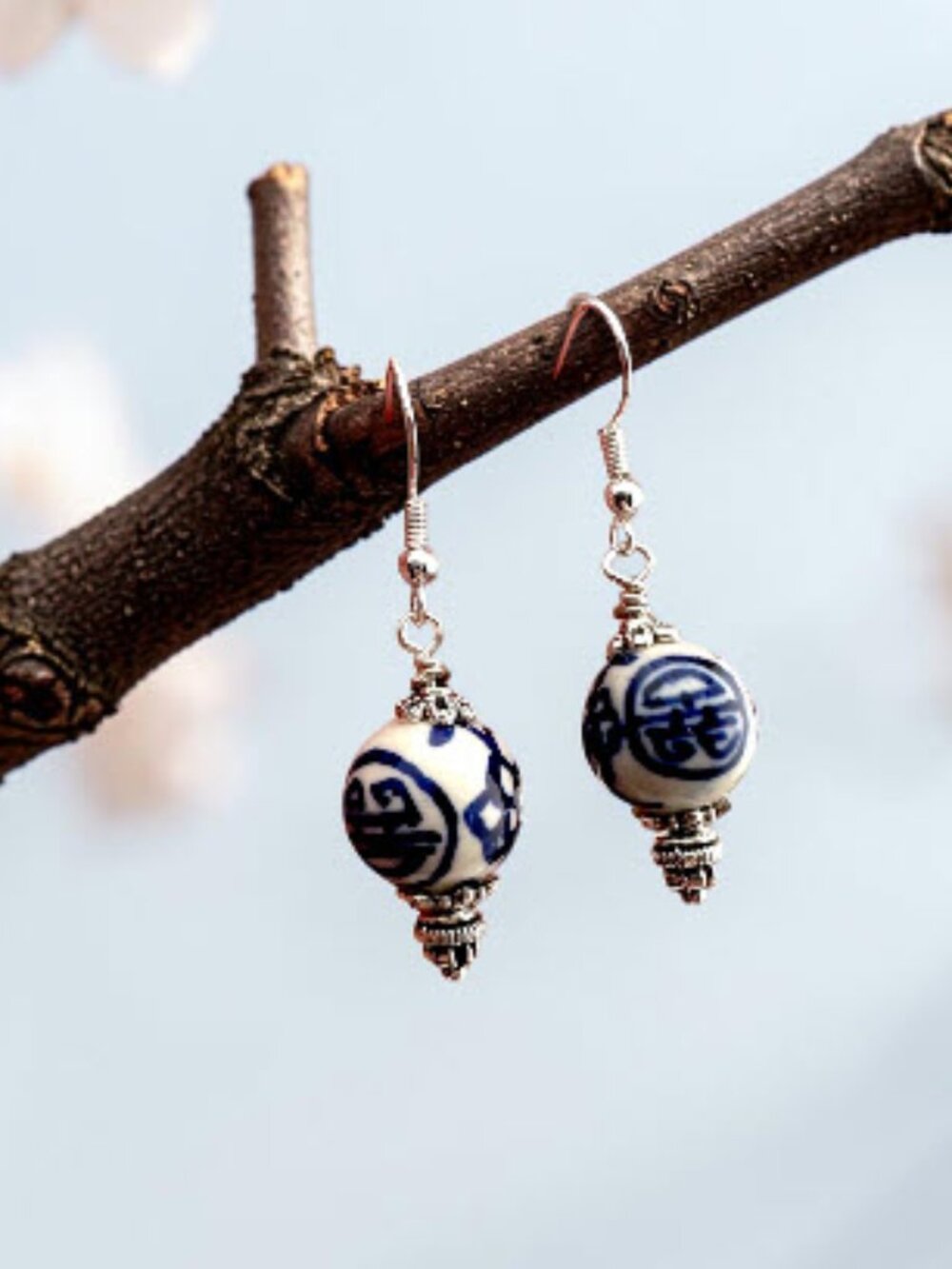 Blue White Porcelain Earrings Surgical Stainless Steel Handmade Dangle 2" Drop